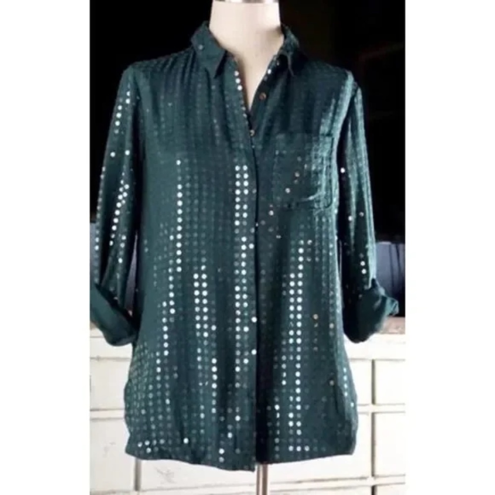 NWT!!  Anthropologie Teal Pilcro Sequined Sequin Button Up Top M - Picture 3 of 6